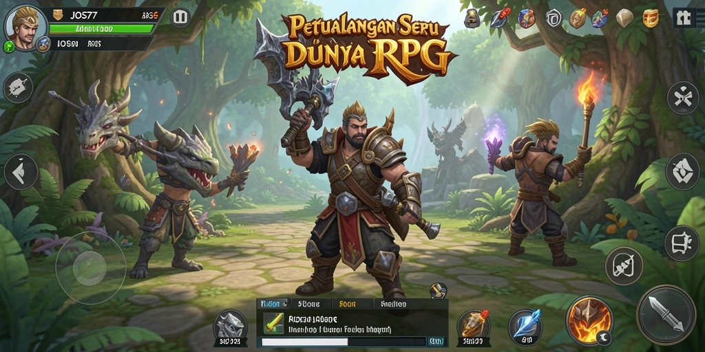 Antarmuka game JOS77 yang menampilkan pertarungan seru dengan karakter RPG.