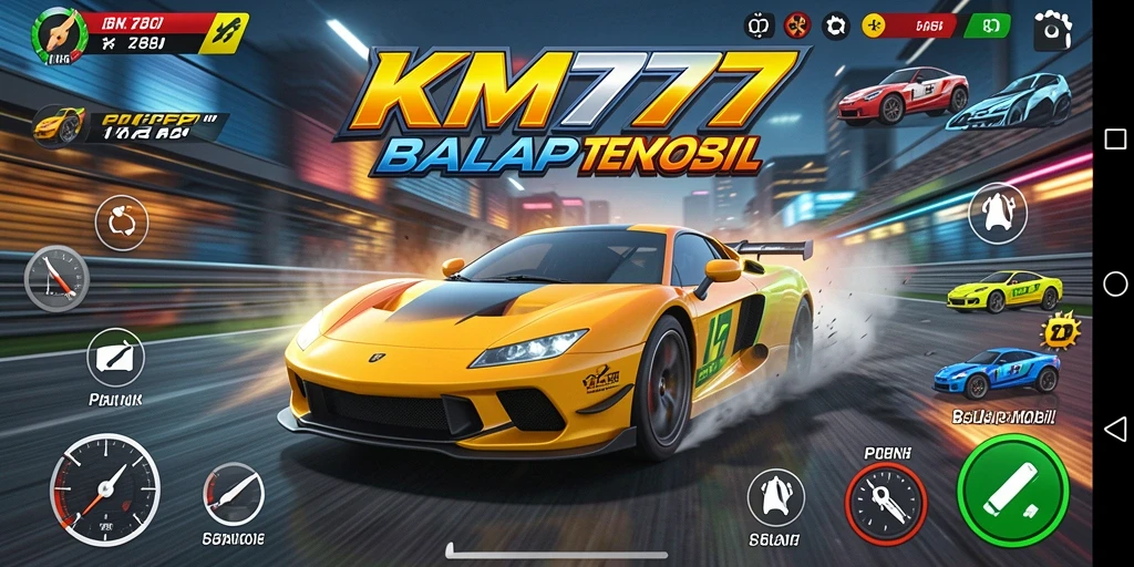 Screenshot antarmuka KM777 dengan aksi balapan yang mendebarkan.